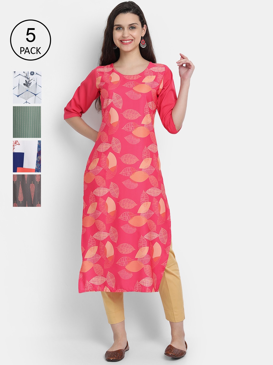 

7Threads Women Pack Of 5 Printed Crepe Kurtas, Pink
