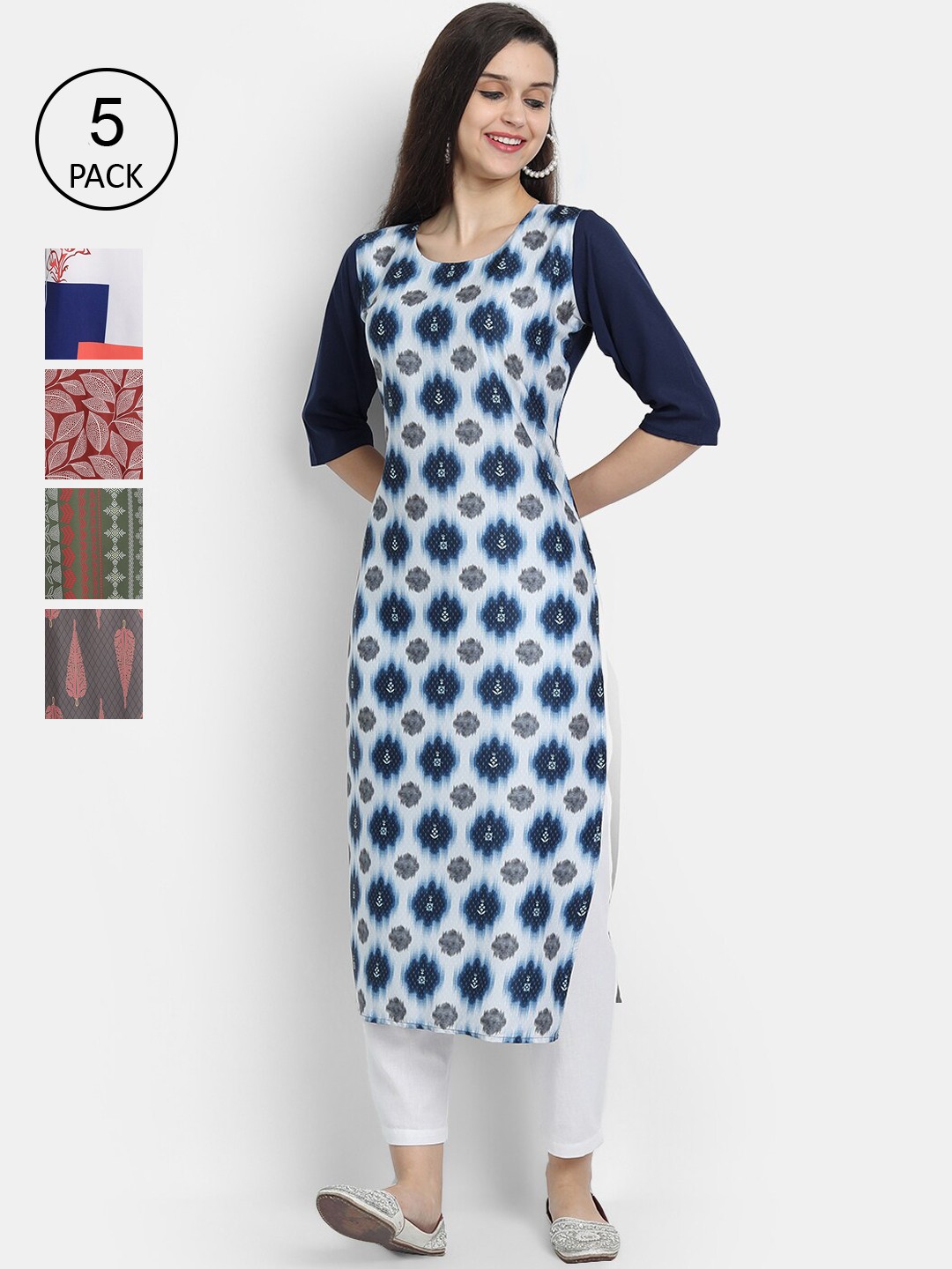 

7Threads Woman Pack of 5 Multicoloured Ethnic Motifs Crepe Kurta, Multi