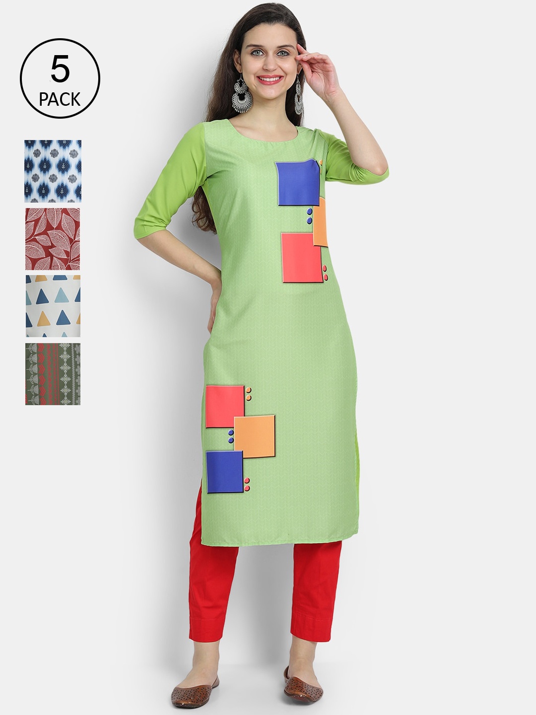 

7Threads Women Pack Of 5 Green & Red Ethnic Motifs Printed Crepe Kurta