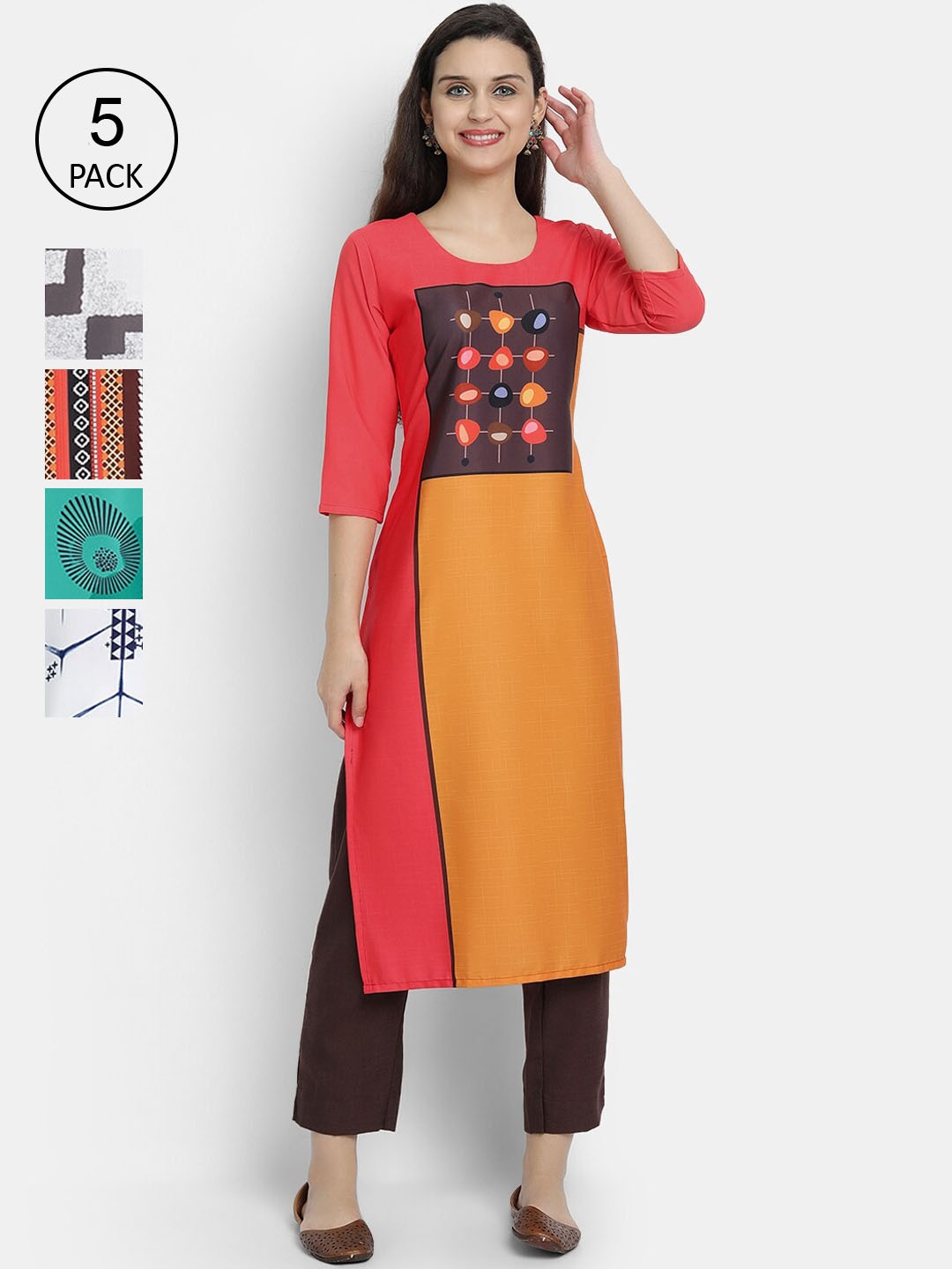 

7Threads Women Multicoloured Pack of 5 Ethnic Motifs Printed Mirror Work Crepe Kurta, Multi
