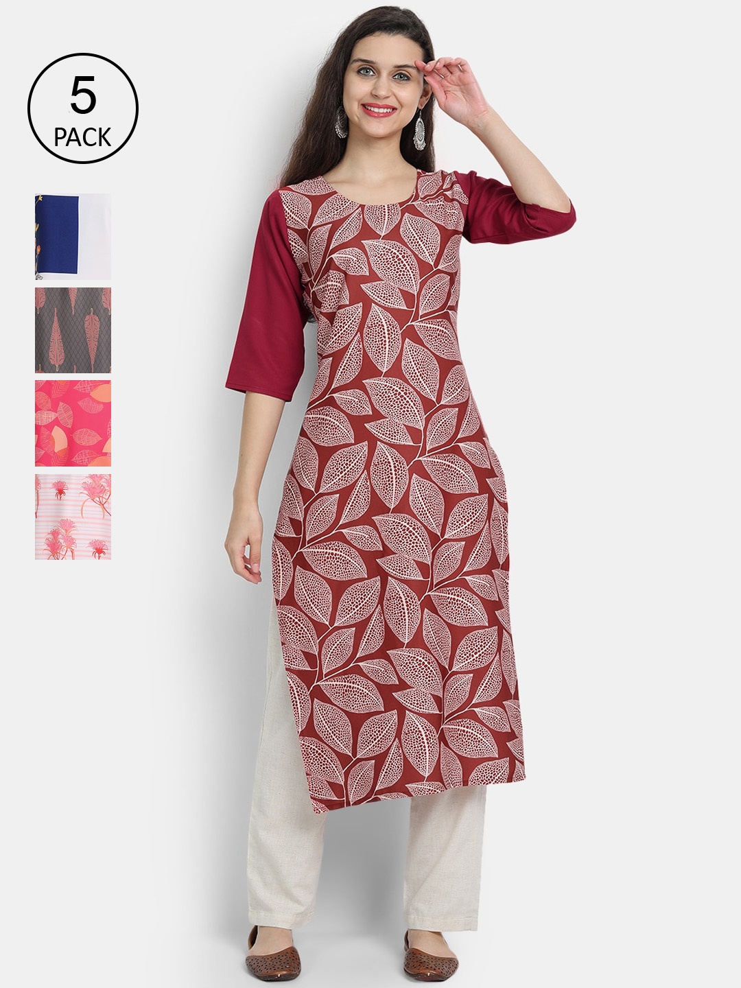 

7Threads Women Pack Of 5 Red & Grey Ethnic Motifs Printed Crepe Kurta