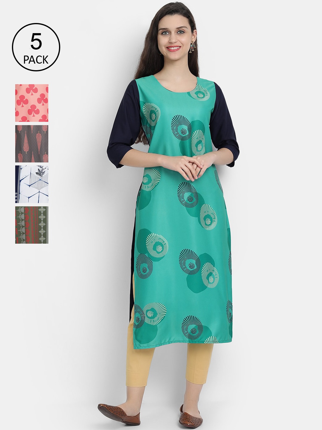 

7Threads Woman Pack of 5 Multicoloured Ethnic Motifs Printed Crepe Kurta, Multi