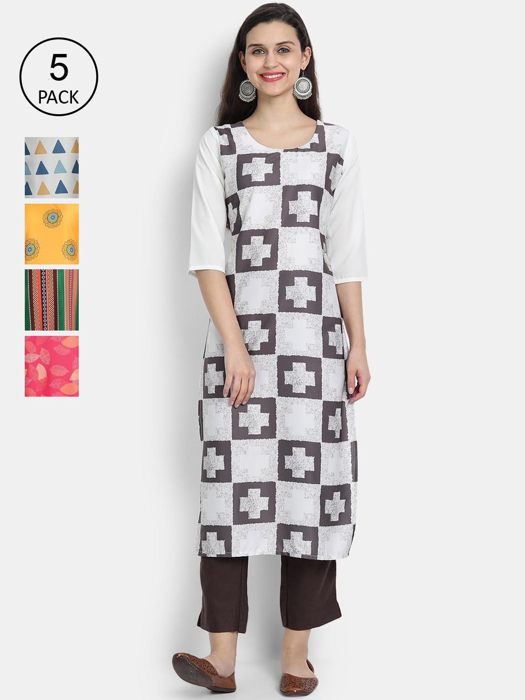 

7Threads Women Multicoloured Pack of 5 Ethnic Motifs Printed Thread Work Crepe Kurta, Multi