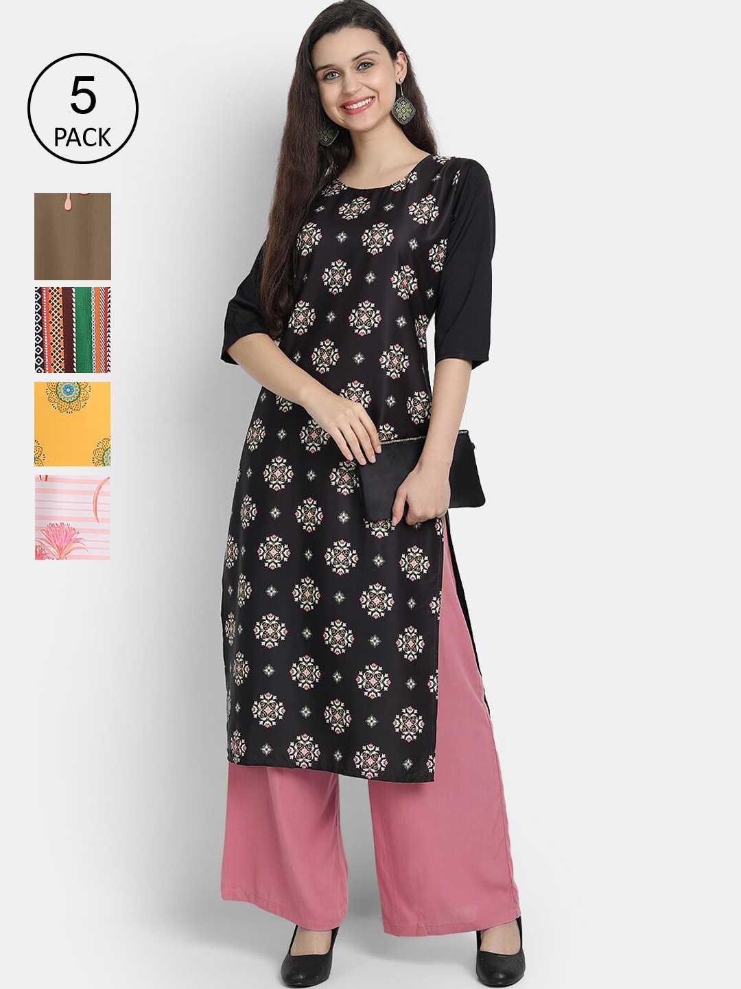 

7Threads Women Multicoloured Pack of 5 Quirky Printed Crepe Kurta, Multi