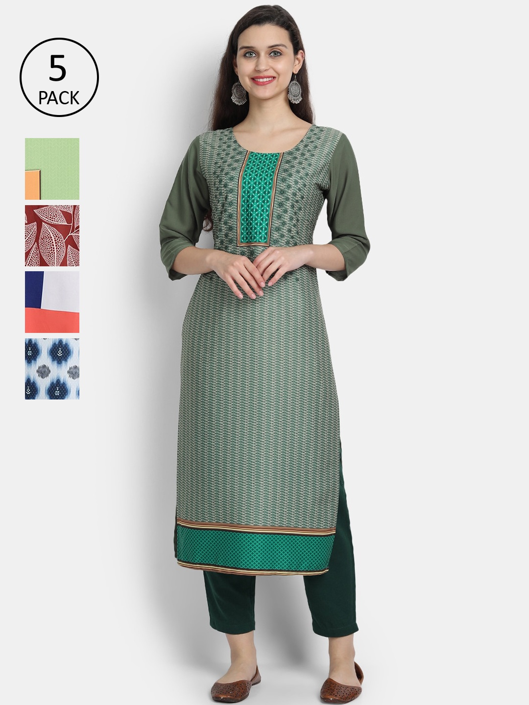 

7Threads Women Pack Of 5 Printed Crepe Kurta, Green