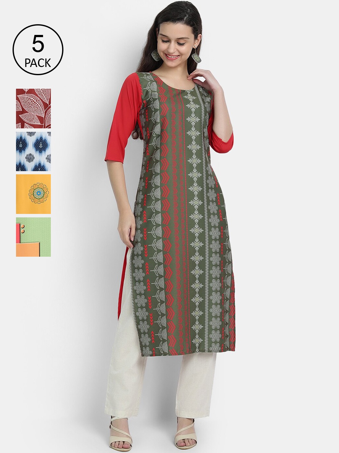 

7Threads Women Multicoloured Pack of 5 Bandhani Embroidered Crepe Kurta, Multi