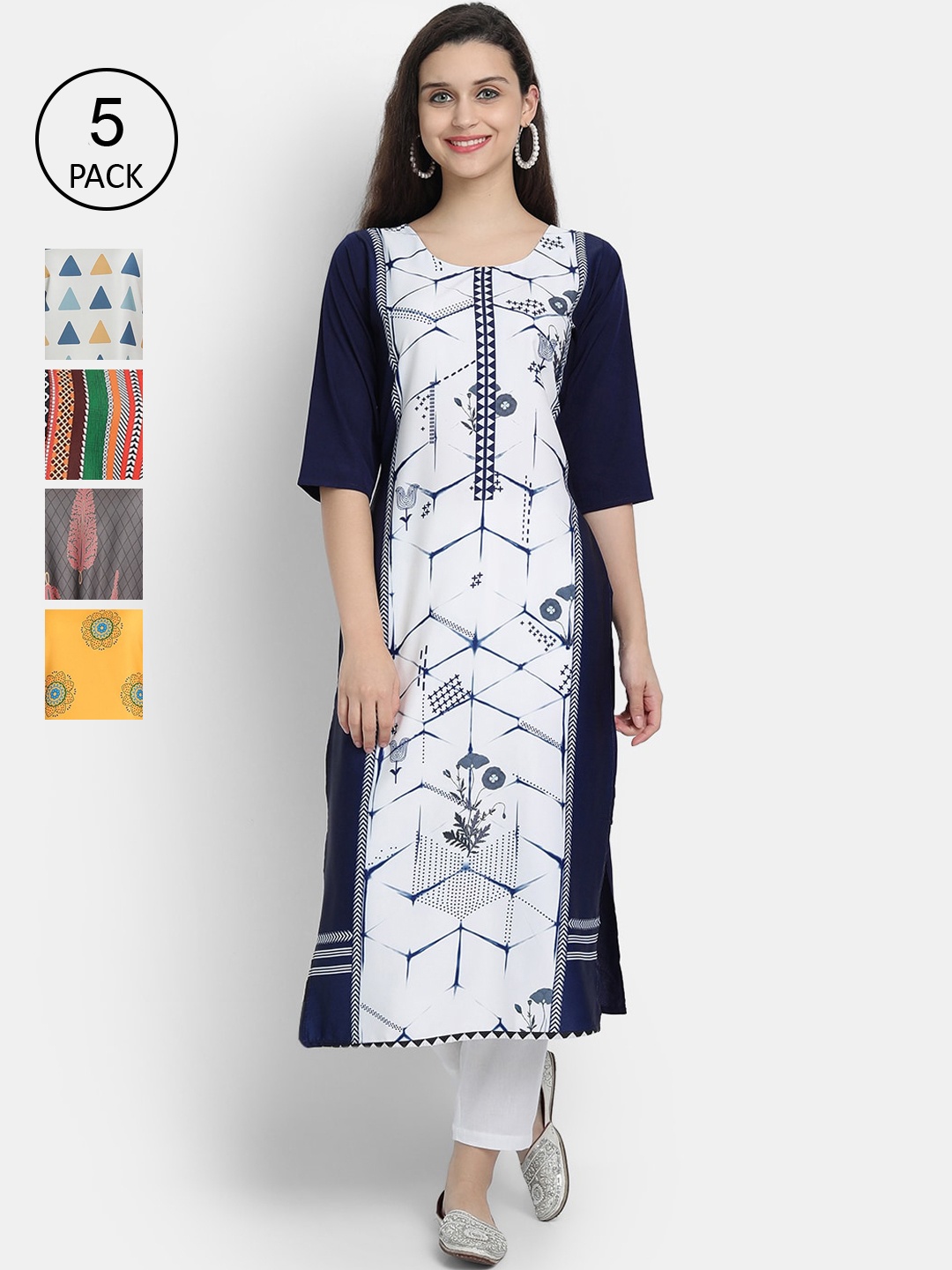 

7Threads Women Pack Of 5 Printed Crepe Kurtas, White