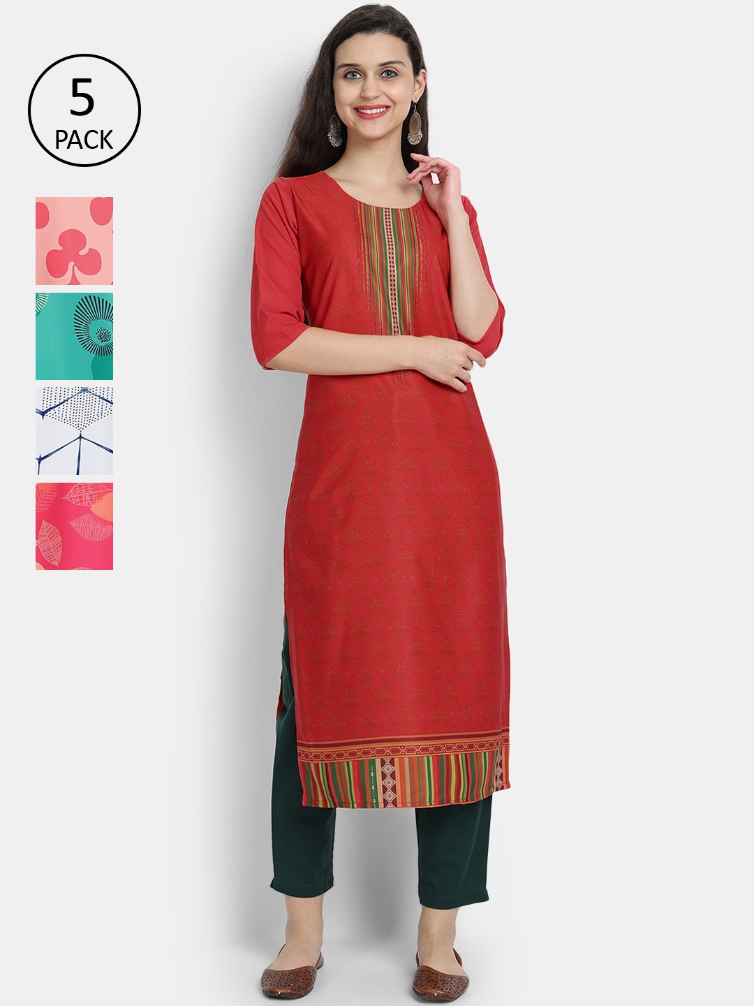 

7Threads Women Pack Of 5 Red & Pink Ethnic Motifs Printed Crepe Kurta
