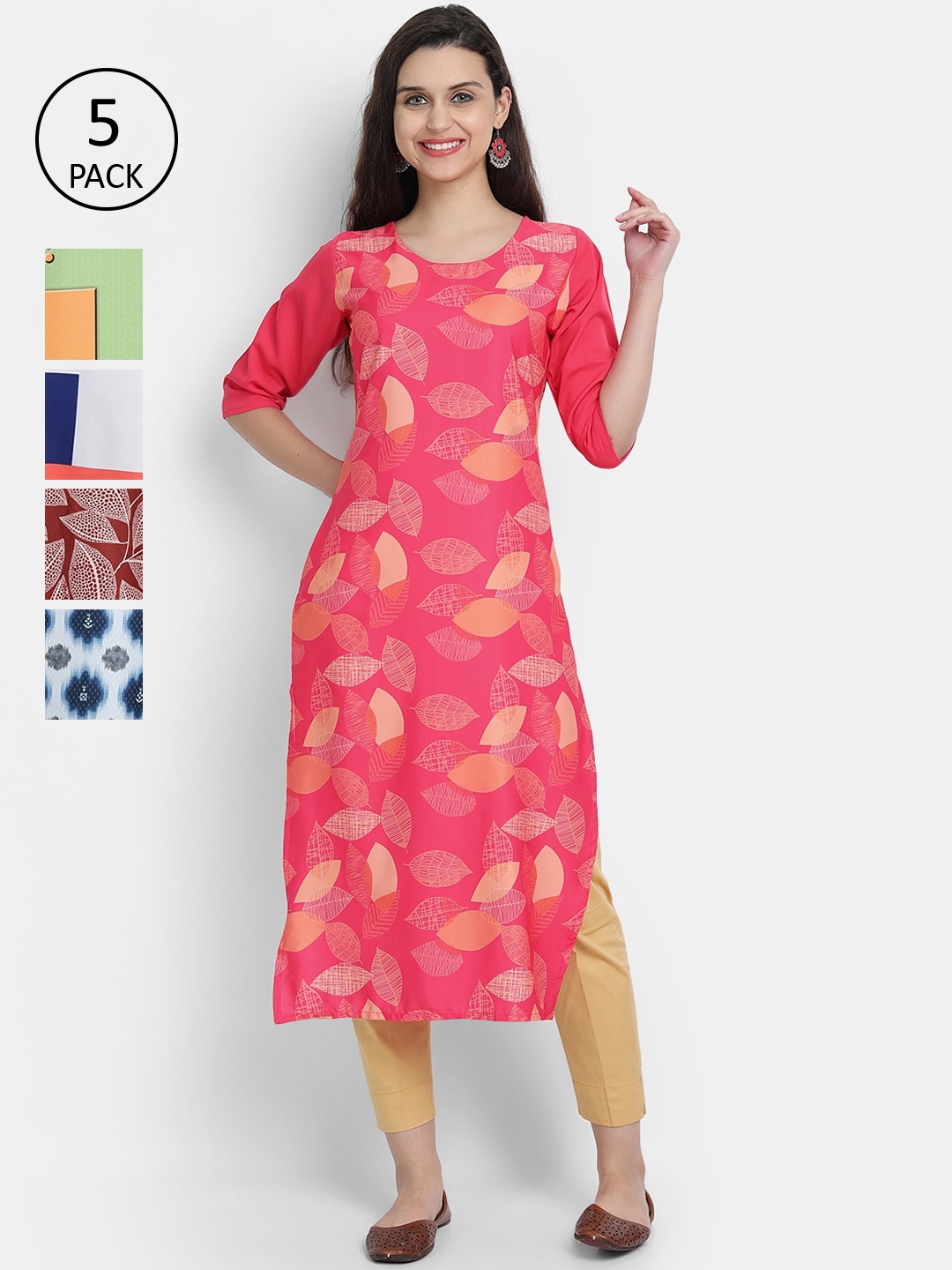 

7Threads Woman Pack of 5 Multicoloured Ethnic Motifs Printed Crepe Kurta, Multi