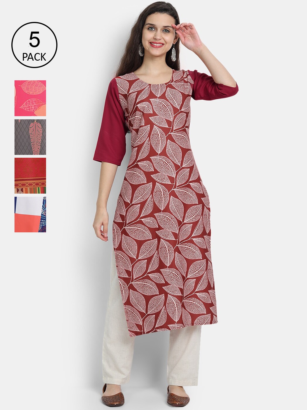 

7Threads Women Multicoloured Pack of 5 Thread Work Crepe Kurta, Multi