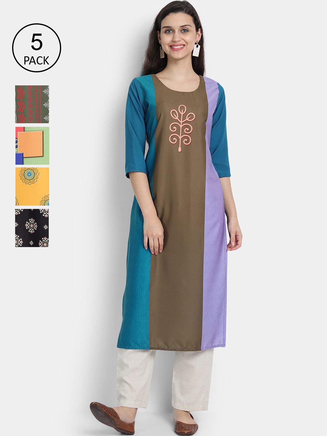 

7Threads Women Pack Of 5 Black & Green Ethnic Motifs Printed Crepe Kurta