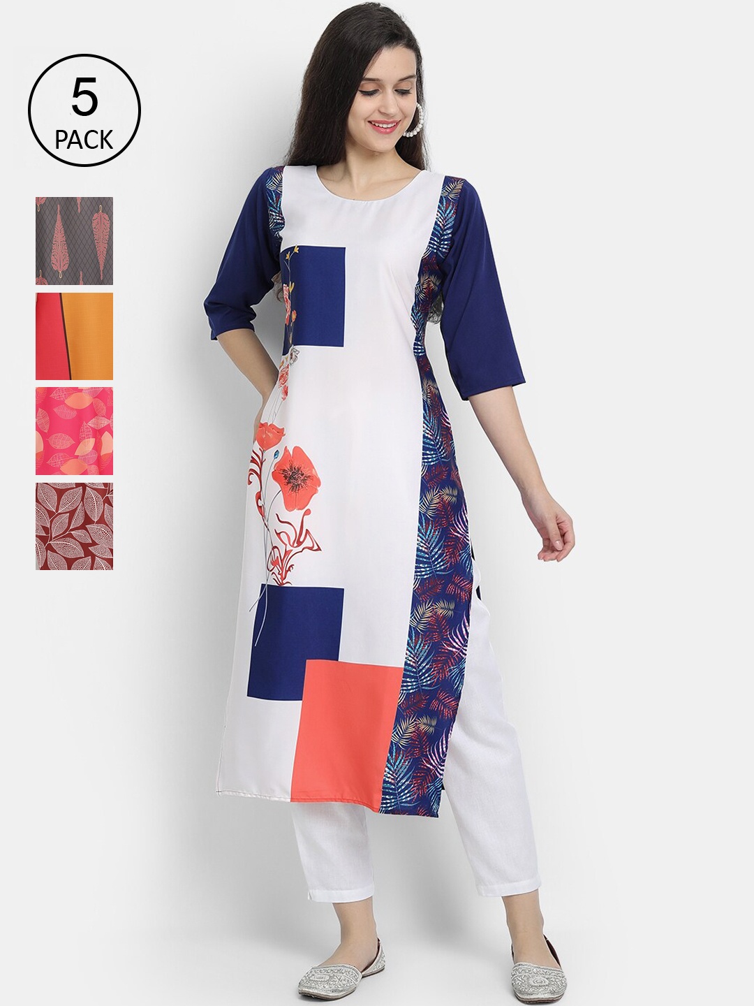 

7Threads Women Pack Of 5 White & Red Ethnic Motifs Printed Crepe Kurta