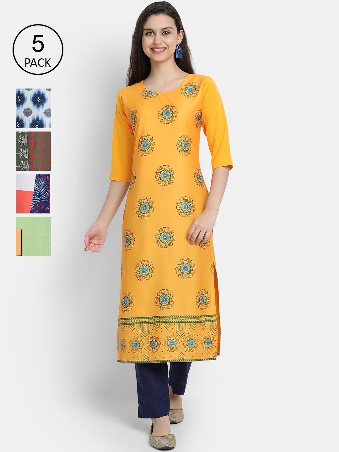 

7Threads Women Pack Of 5 Printed Crepe Kurta, Yellow