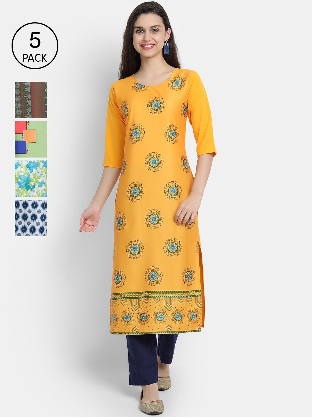 

7Threads Women Pack Of 5 Printed Crepe Kurta, Yellow