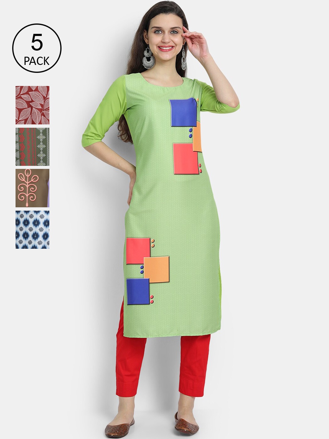 

7Threads Women Pack Of 5 Printed Crepe Kurtas, Green