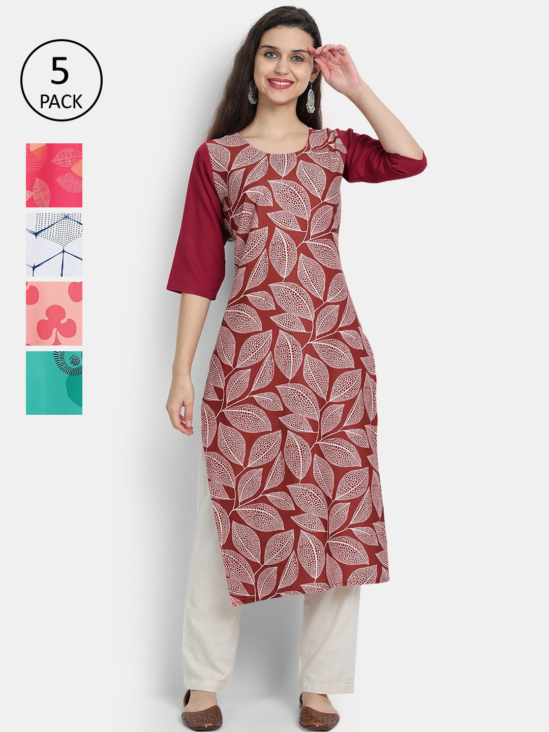 

7Threads Women Multicoloured Pack of 5 Printed Flared Sleeves Mirror Work Crepe Kurta, Multi