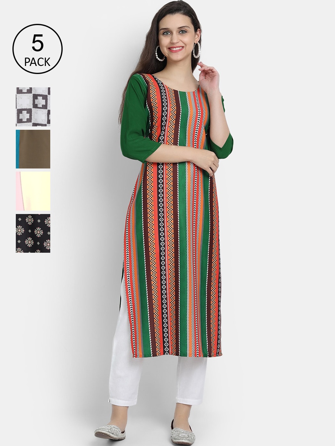 

7Threads Women Pack Of 5 Printed Crepe Kurtas, Green
