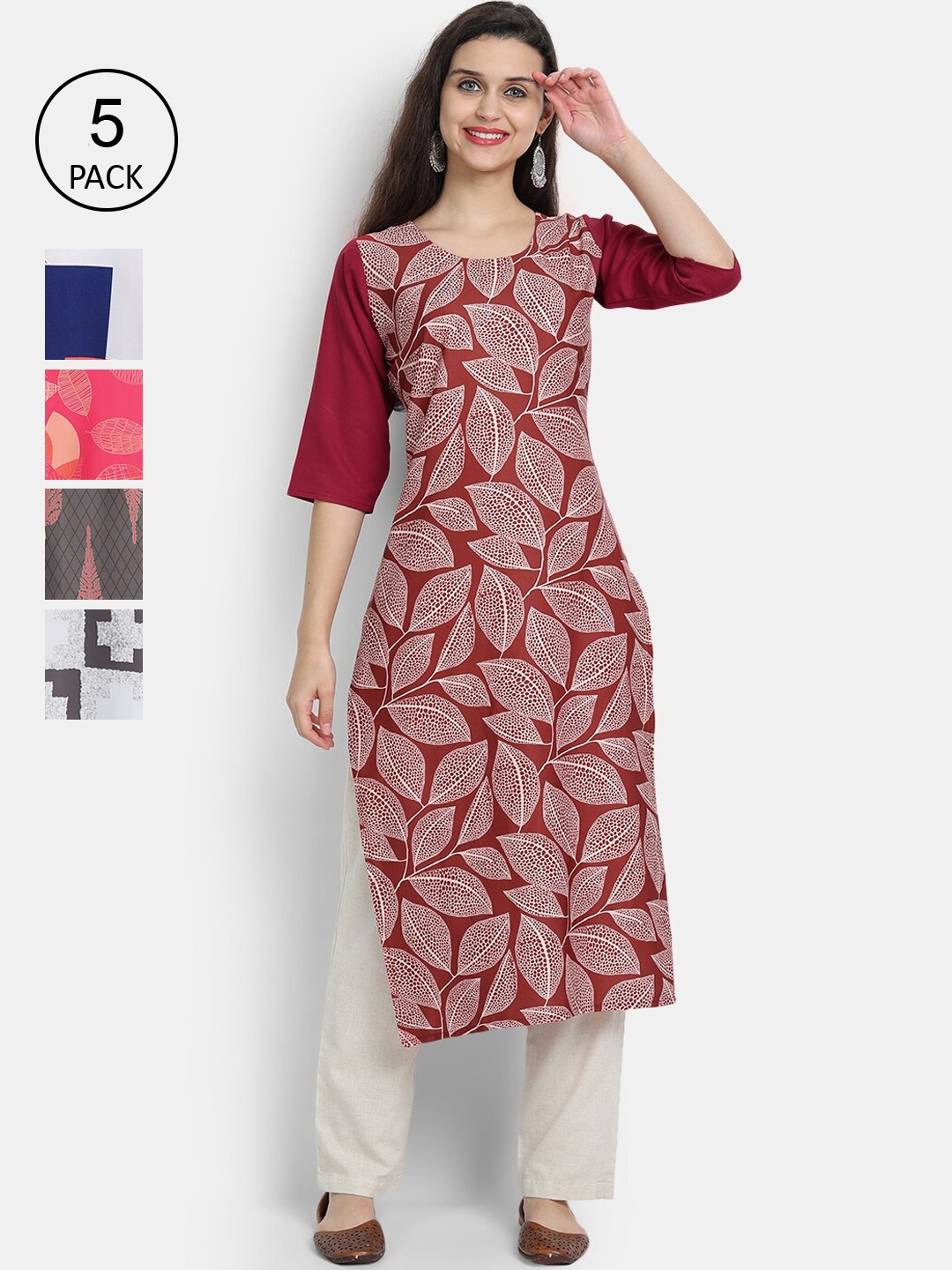 

7Threads Women Pack Of 5 Red & White Ethnic Motifs Printed Crepe Kurta