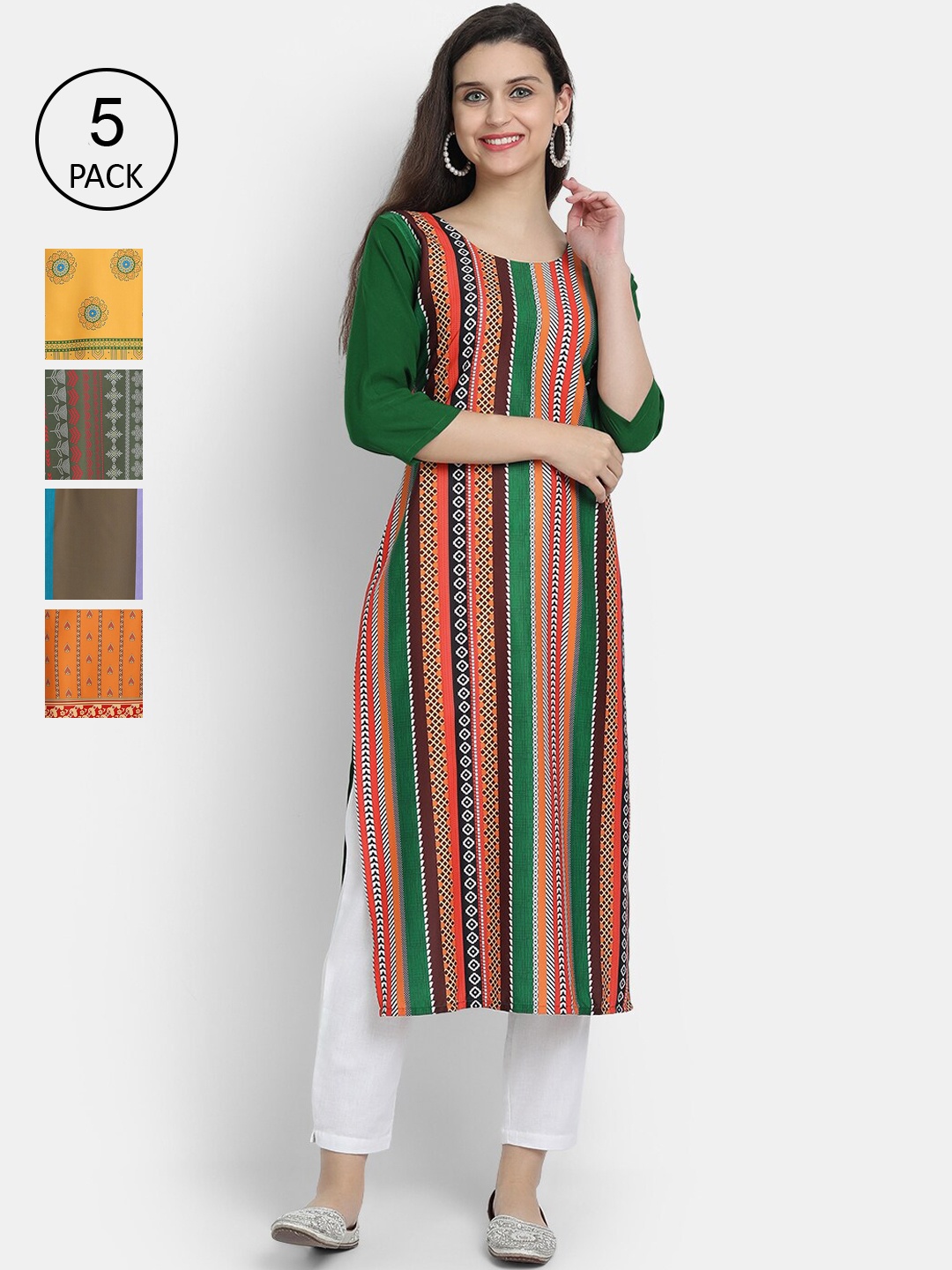 

7Threads Woman Pack of 5 Multicoloured Ethnic Motifs Printed Crepe Kurta, Multi