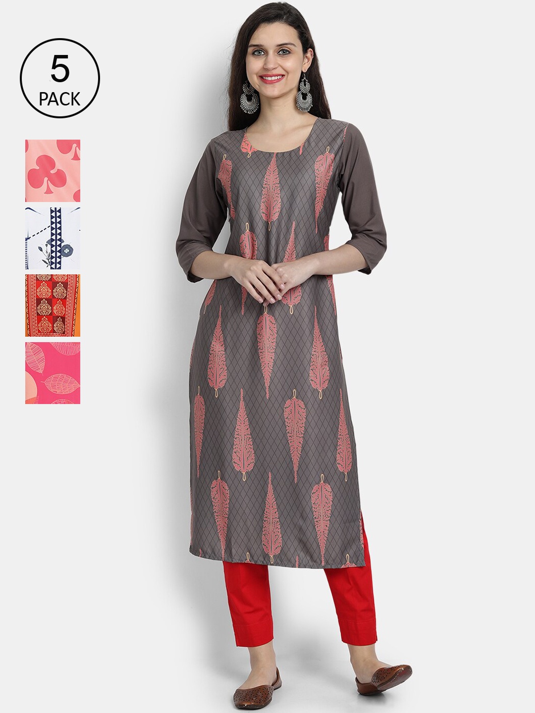 

7Threads Women Pack Of 5 Printed Crepe Kurta, Grey