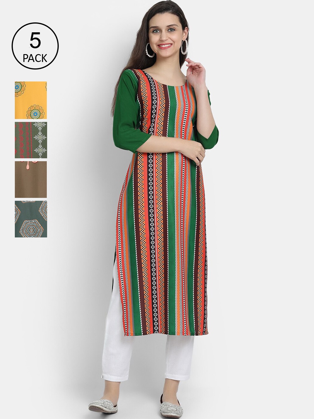 

7Threads Women Pack Of 5 Printed Crepe Kurta, Green