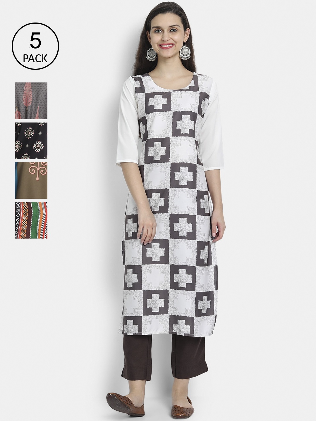 

7Threads Women Pack Of 5 Printed Crepe Kurta, Grey