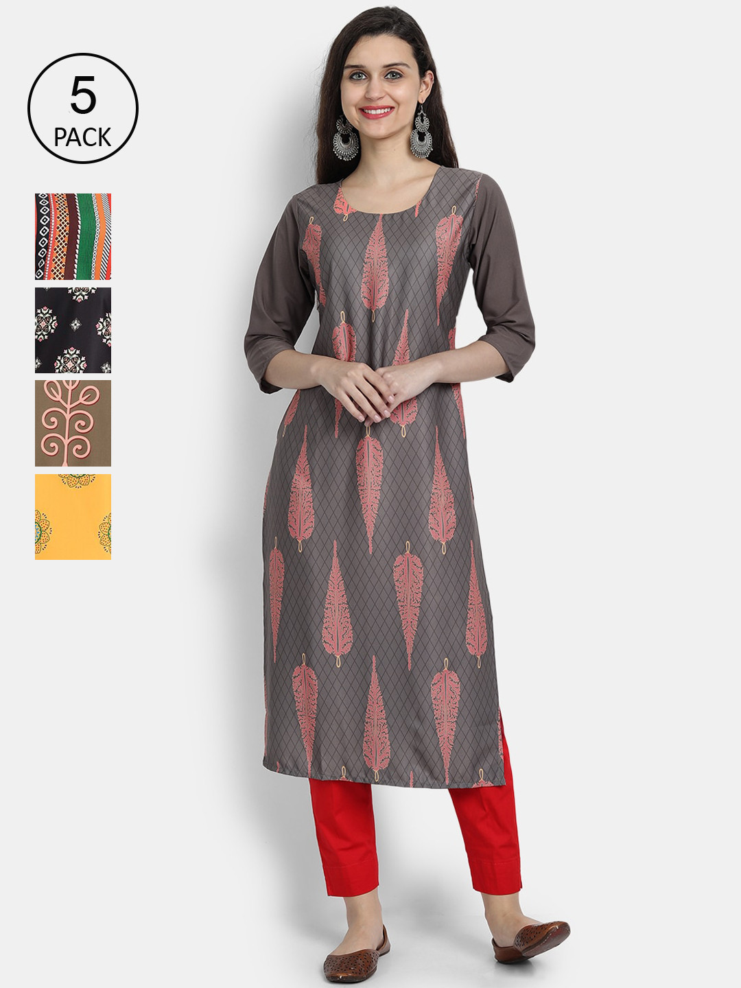 

7Threads Women Pack Of 5 Printed Crepe Kurtas, Grey