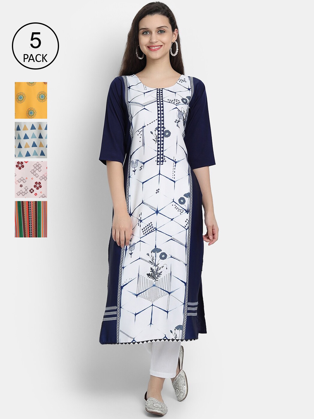 

7Threads Women Pack Of 5 White & Yellow Floral Printed Crepe Kurta