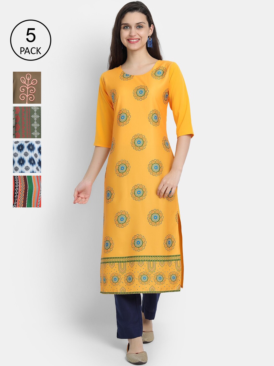 

7Threads Women Pack Of 5 Printed Crepe Kurtas, Yellow
