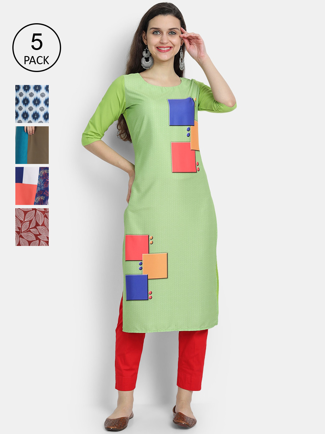 

7Threads Women Pack Of 5 Crepe Kurta, Green