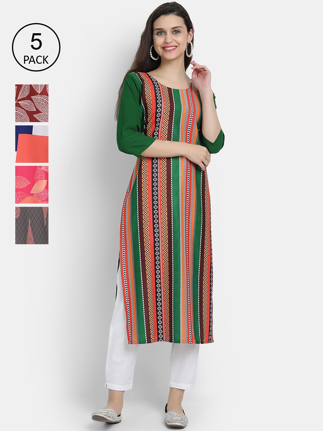 

7Threads Women Multicoloured Pack of 5 Striped Flared Sleeves Crepe Kurta, Multi