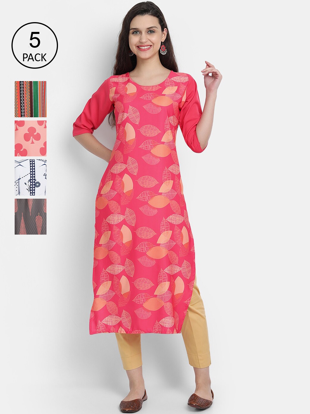 

7Threads Women Pack Of 5 Ethnic Motifs Printed Crepe Kurta, Pink