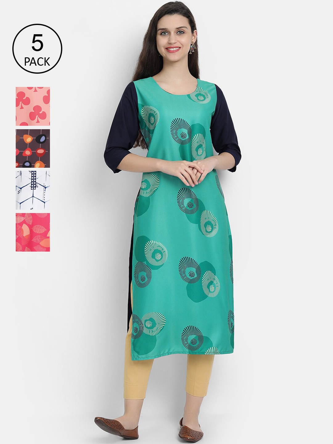 

7Threads Women Multicoloured Pack of 5 Colourblocked Thread Work Crepe Kurta, Multi