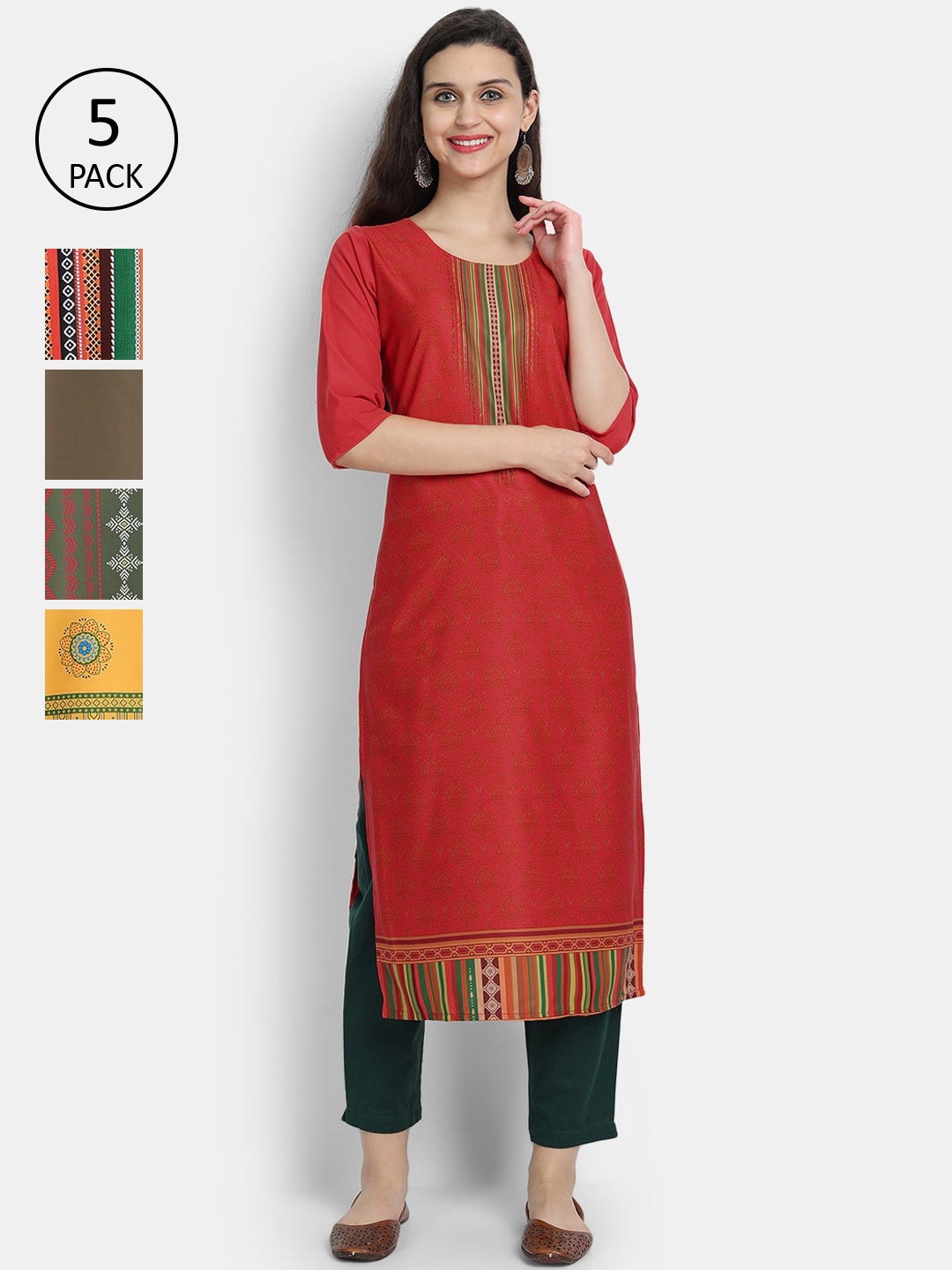

7Threads Women Pack Of 5 Ethnic Motifs Printed Crepe Kurta, Red