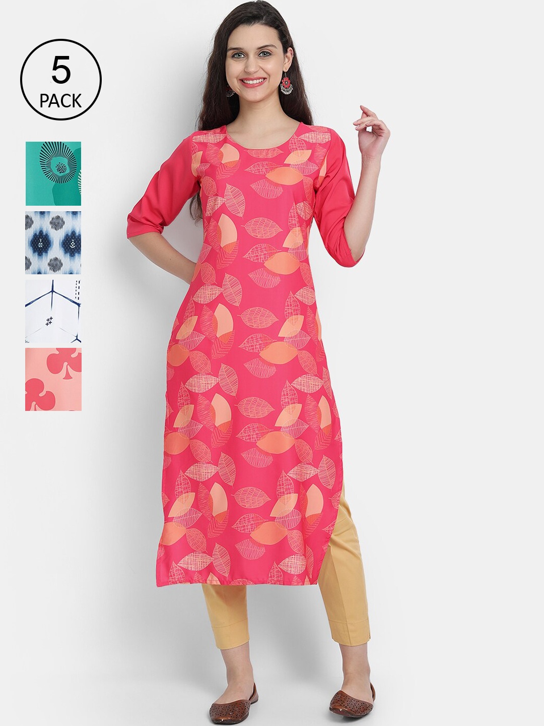 

7Threads Woman Pack of 5 Multicoloured Geometric Printed Crepe Kurta, Multi