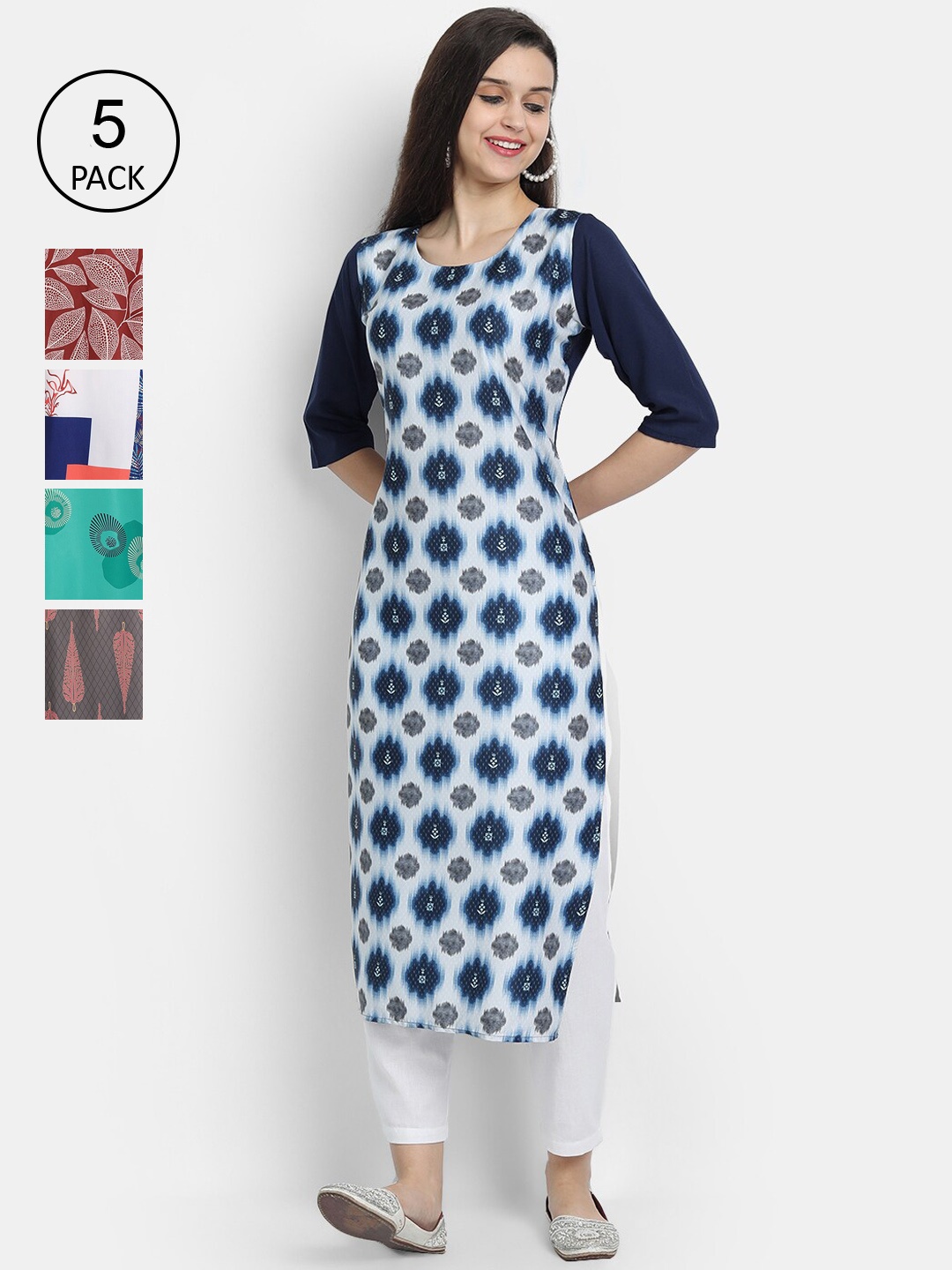 

7Threads Women Set of 5 Ethnic Motifs Printed Crepe Kurta, Multi