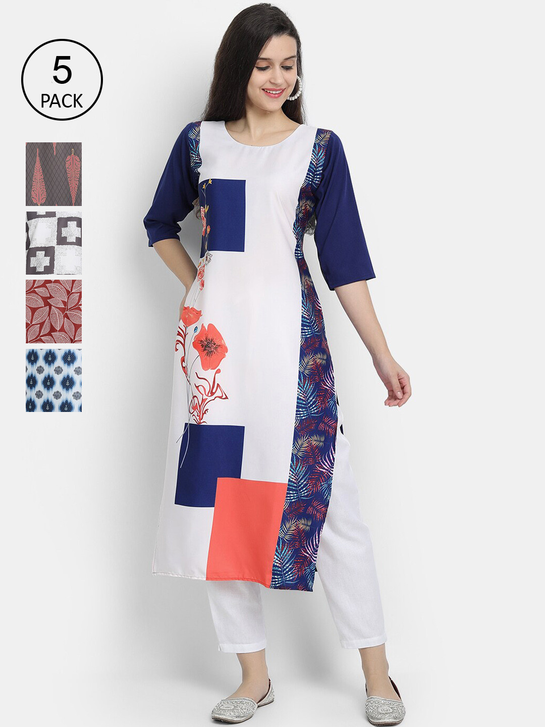 

7Threads Women Pack Of 5 Printed Crepe Kurta, White