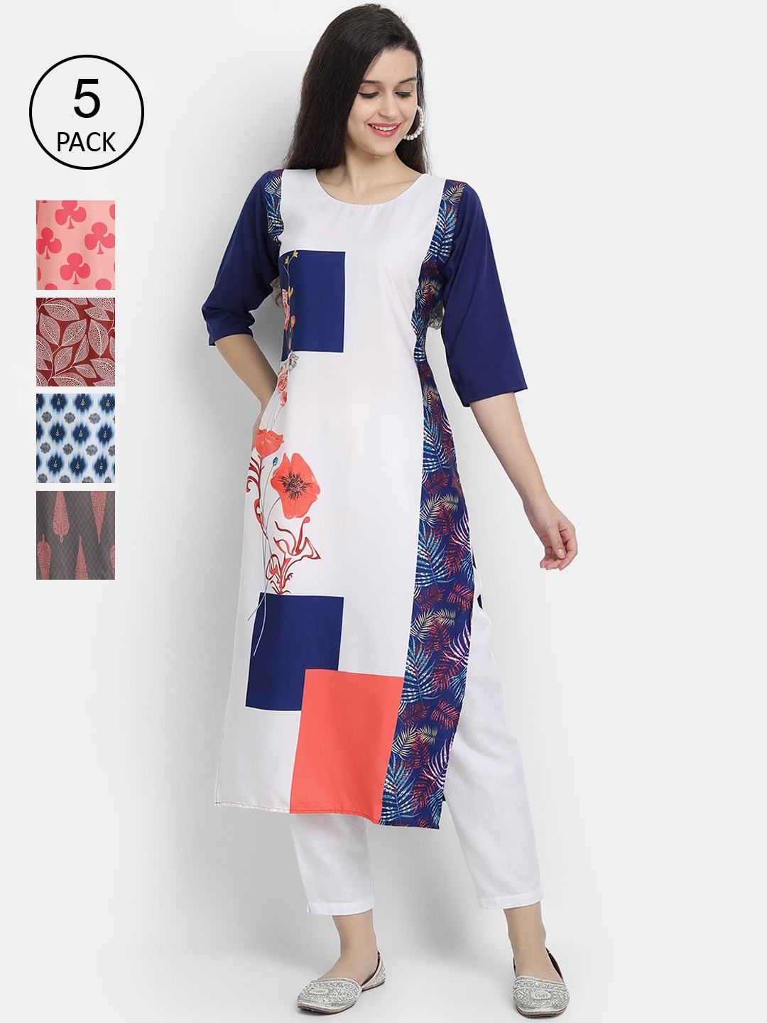 

7Threads Women Multicoloured Pack of 5 Floral Printed Crepe Kurta, Multi