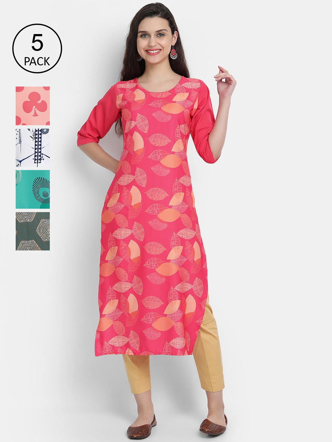 

7Threads Women Multicoloured Pack of 5 Ethnic Motifs Printed Thread Work Crepe Kurta, Multi