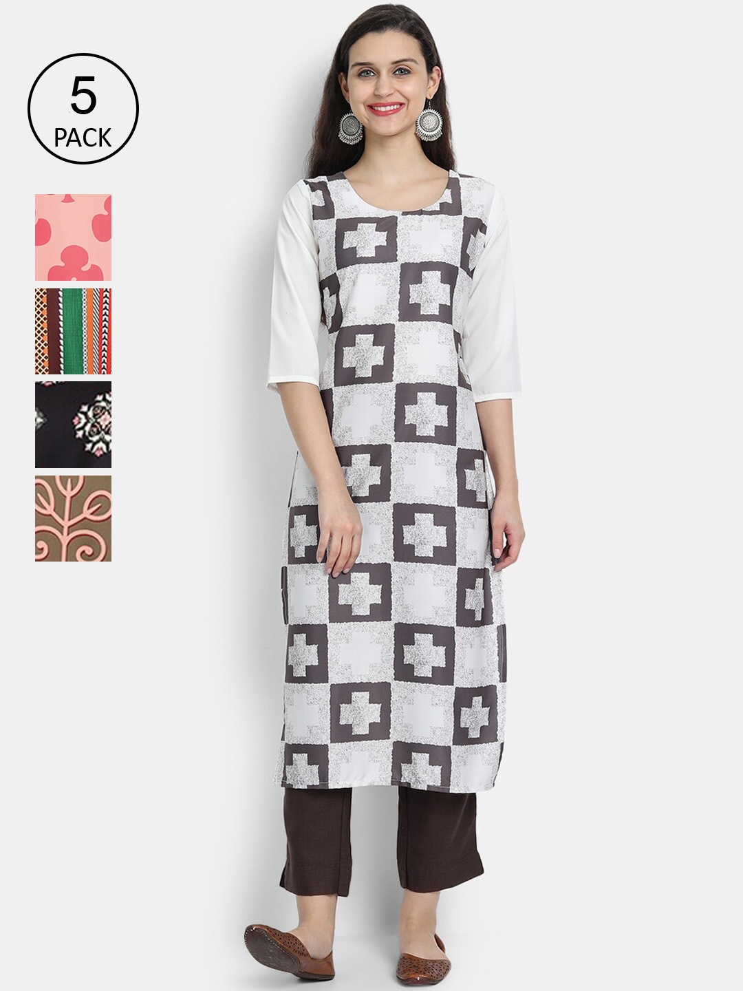 

7Threads Women Pack Of 5 Floral Printed Crepe Kurta, White