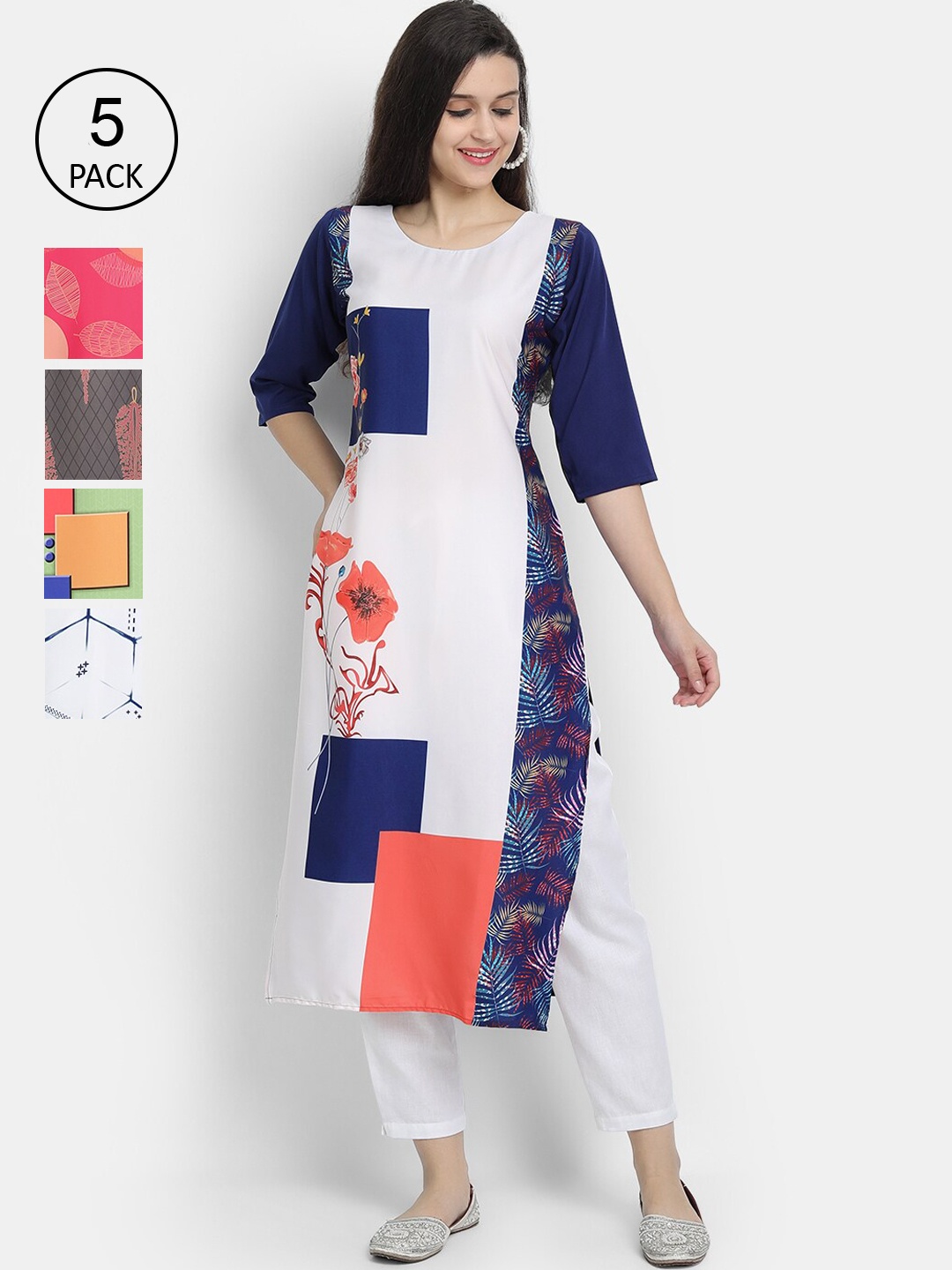 

7Threads Women Multicoloured Pack of 5 Colourblocked Thread Work Crepe Kurta, Multi