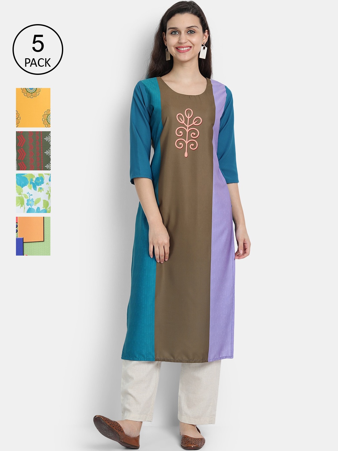 

7Threads Woman Pack of 5 Multicoloured Printed Crepe Kurta, Multi