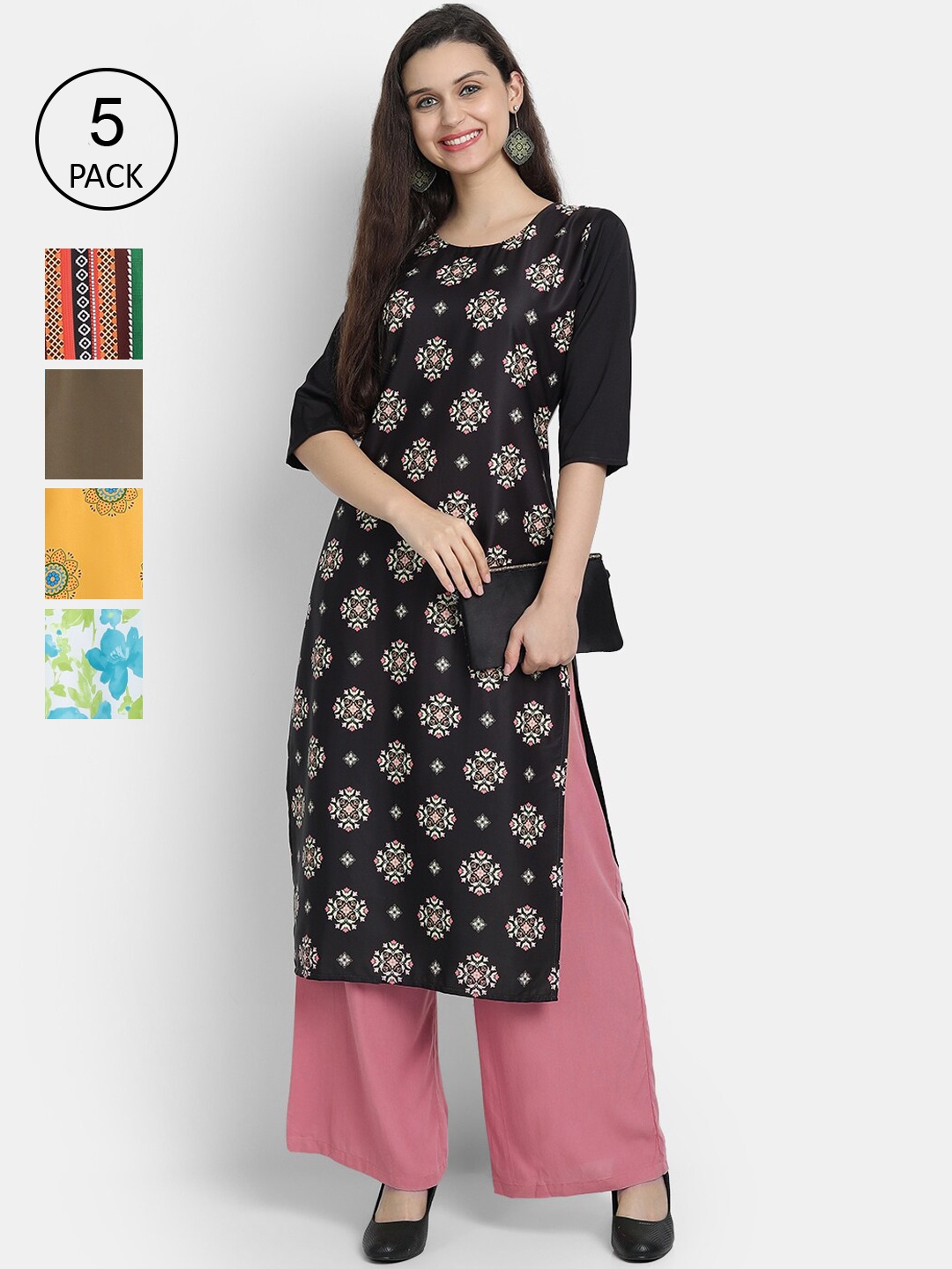 

7Threads Women Pack Of 5 Printed Crepe Kurta, Black