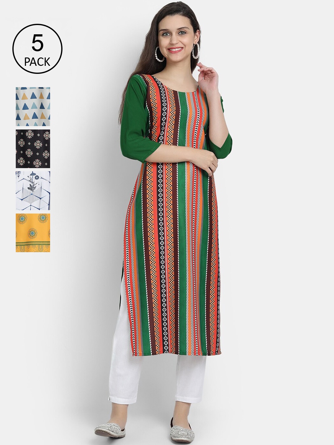 

7Threads Women Pack Of 5 Printed Crepe Kurta, Green