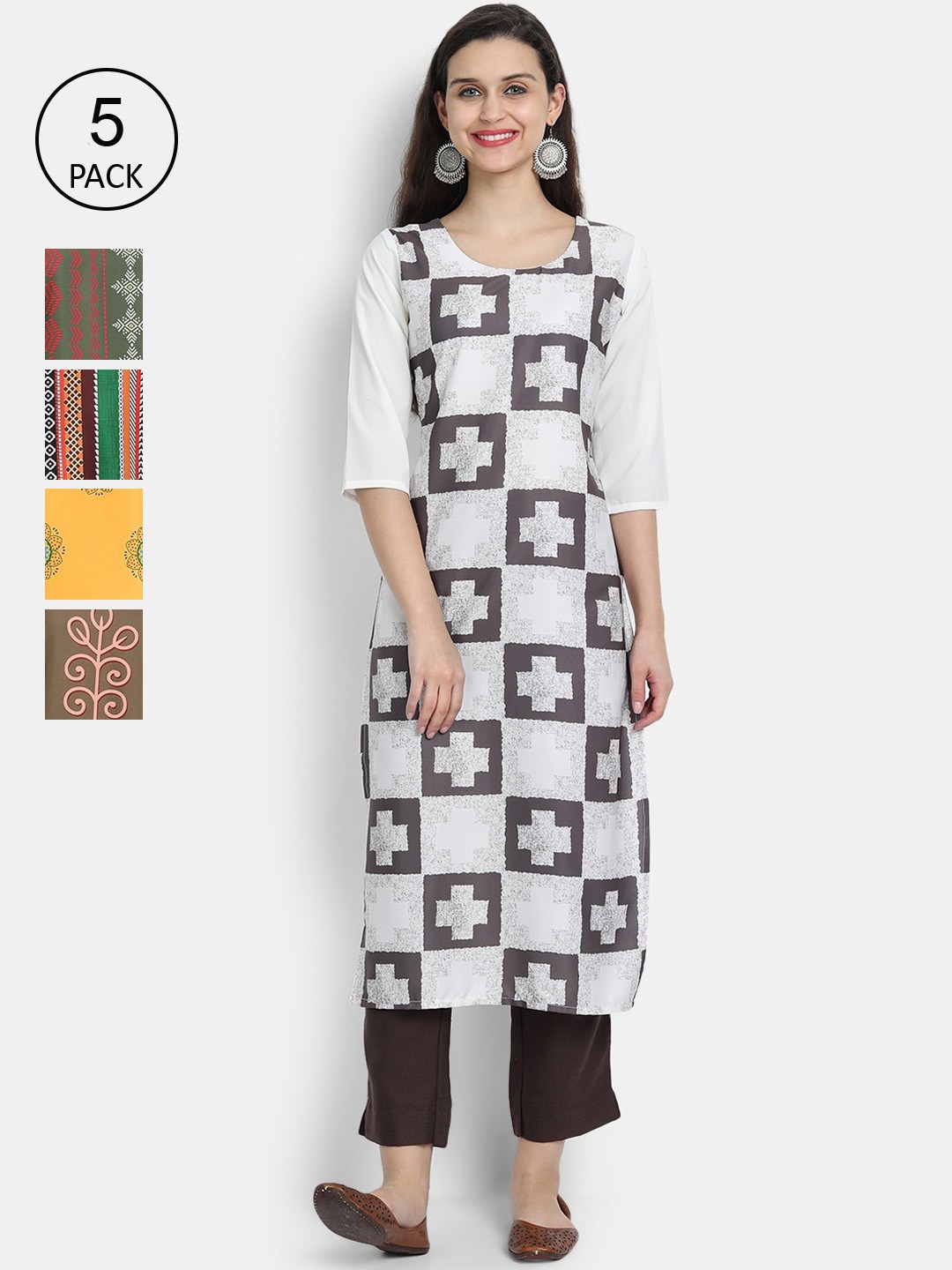 

7Threads Women Pack Of 5 Printed Crepe Kurtas, White