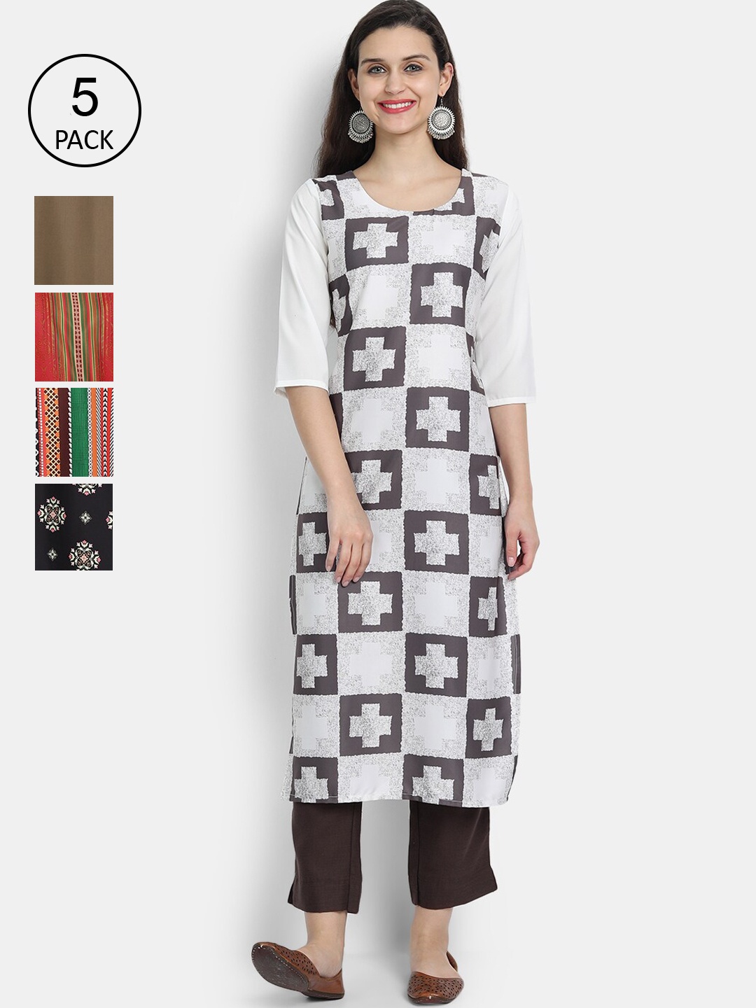 

7Threads Women Set of 5 Ethnic Motifs Printed Crepe Kurta, Multi