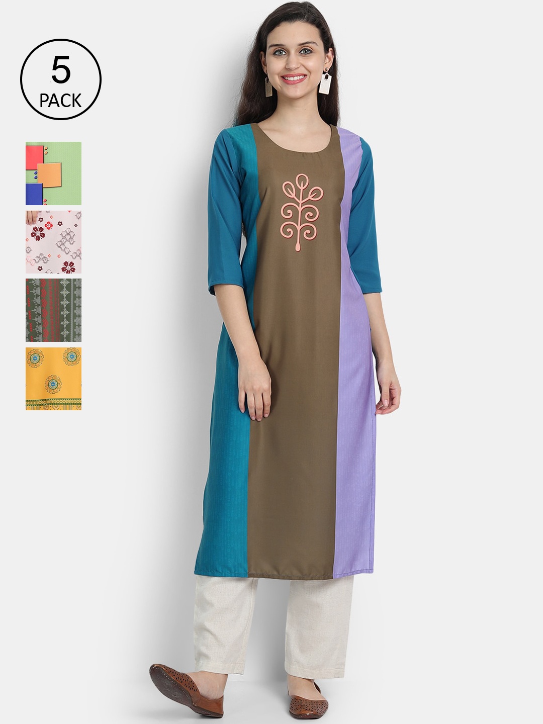 

7Threads Women Pack Of 5 Floral Printed Crepe Kurta, Green