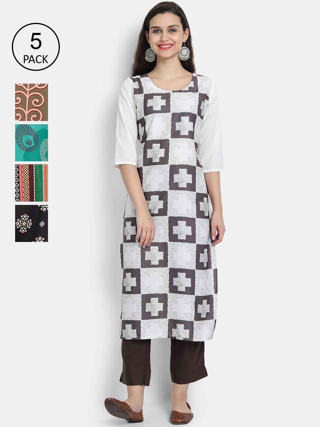 

7Threads Women Pack Of 5 Ethnic Motifs Printed Crepe Kurta, White