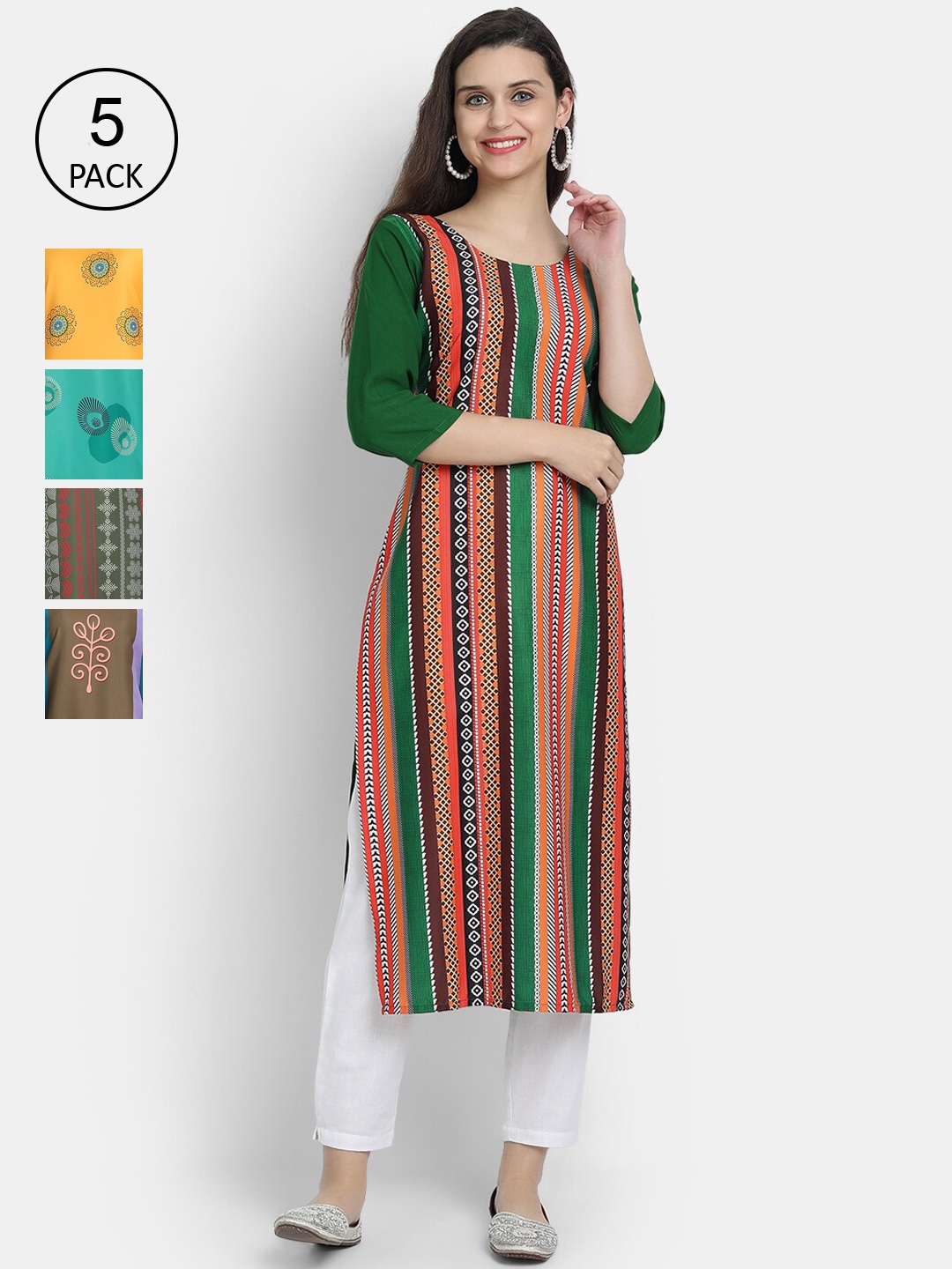 

7Threads Woman Pack of 5 Multicoloured Ethnic Motifs Printed Crepe Kurta, Multi
