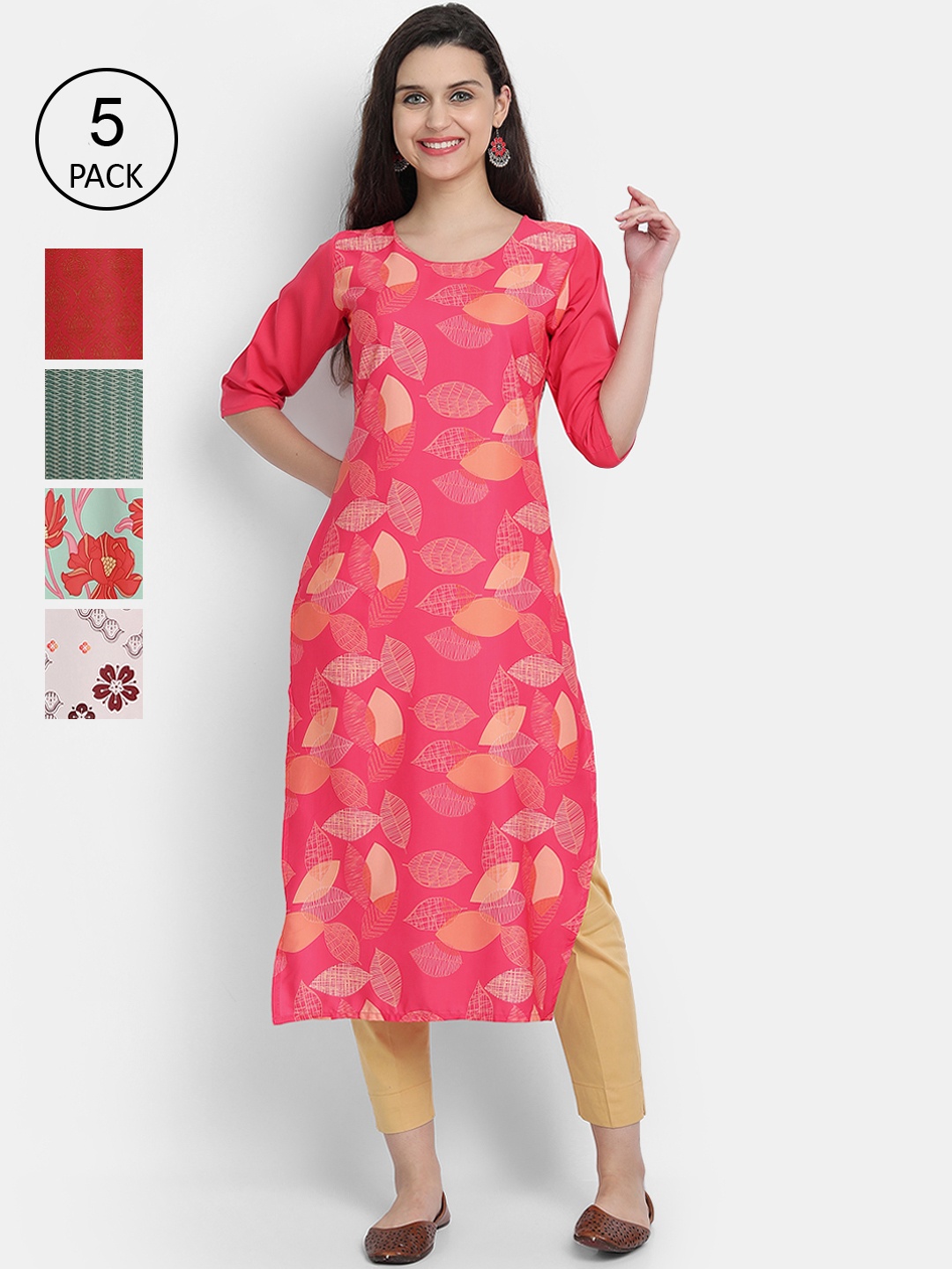 

7Threads Women Multicoloured Pack of 5 Ethnic Motifs Printed Crepe Kurta, Multi